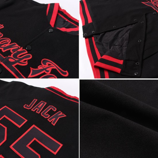 Custom Black Crimson-City Cream Bomber Full-Snap Varsity Letterman Two Tone Jacket Custom Black Crimson-City Cream Bomber Full-Snap Varsity Letterman Two Tone Jacket