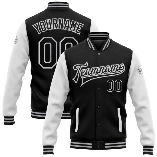 Custom Black White-Gray Bomber Full-Snap Varsity Letterman Two Tone Jacket Custom Black White-Gray Bomber Full-Snap Varsity Letterman Two Tone Jacket