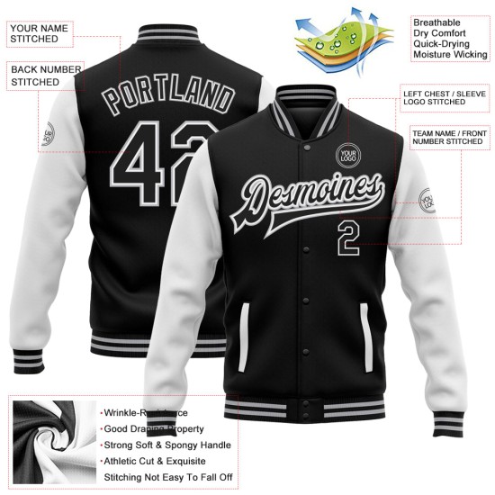 Custom Black White-Gray Bomber Full-Snap Varsity Letterman Two Tone Jacket Custom Black White-Gray Bomber Full-Snap Varsity Letterman Two Tone Jacket