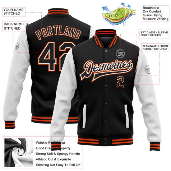 Custom Black White-Orange Bomber Full-Snap Varsity Letterman Two Tone Jacket Custom Black White-Orange Bomber Full-Snap Varsity Letterman Two Tone Jacket