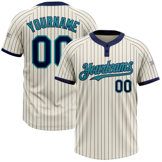 Custom Cream Navy Pinstripe Teal Two-Button Unisex Jersey Custom Cream Navy Pinstripe Teal Two-Button Unisex Jersey