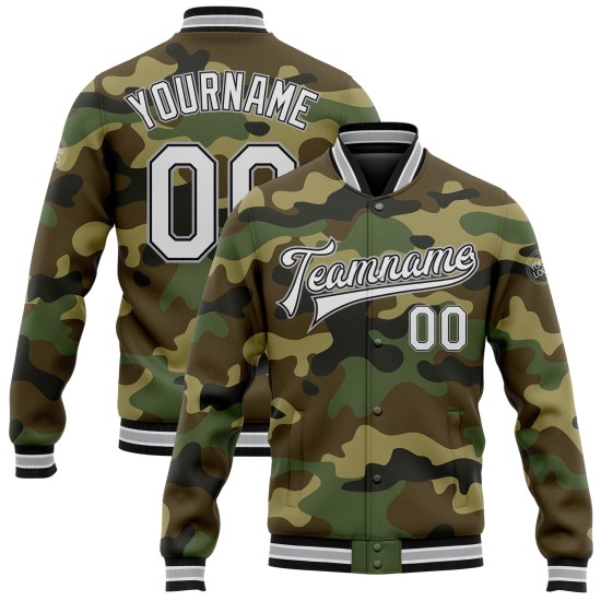 Custom Camo White Black-Gray Bomber Full-Snap Varsity Letterman Salute To Service Jacket Custom Camo White Black-Gray Bomber Full-Snap Varsity Letterman Salute To Service Jacket