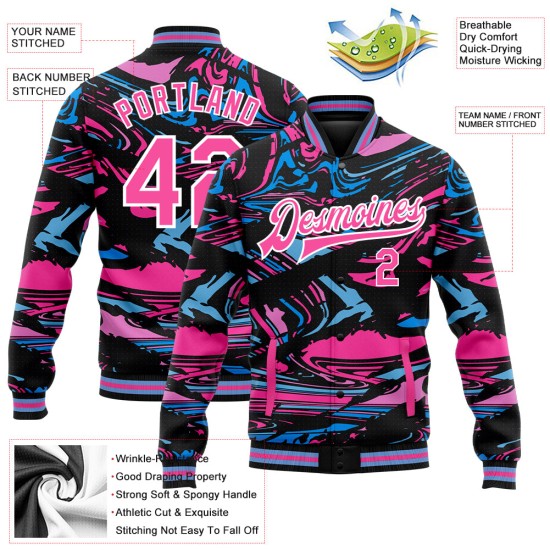 Custom Figure Pink-Light Blue 3D Pattern Design Bomber Full-Snap Varsity Letterman Jacket Custom Figure Pink-Light Blue 3D Pattern Design Bomber Full-Snap Varsity Letterman Jacket
