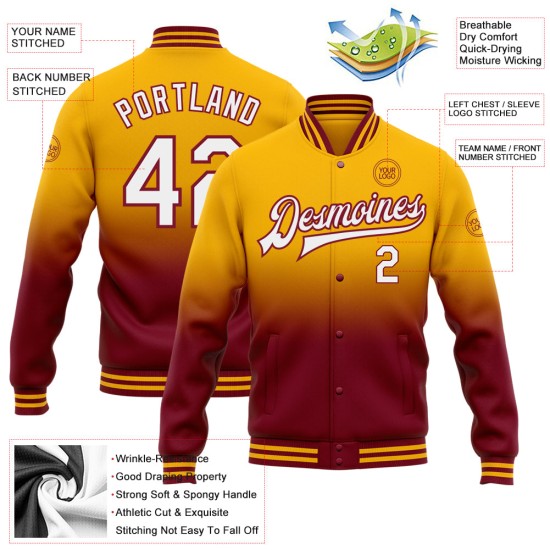 Custom Gold White-Crimson Bomber Full-Snap Varsity Letterman Fade Fashion Jacket Custom Gold White-Crimson Bomber Full-Snap Varsity Letterman Fade Fashion Jacket