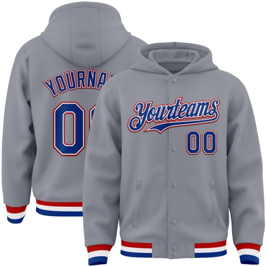 Custom Gray Royal-Red Bomber Full-Snap Varsity Letterman Hoodie Jacket Custom Gray Royal-Red Bomber Full-Snap Varsity Letterman Hoodie Jacket