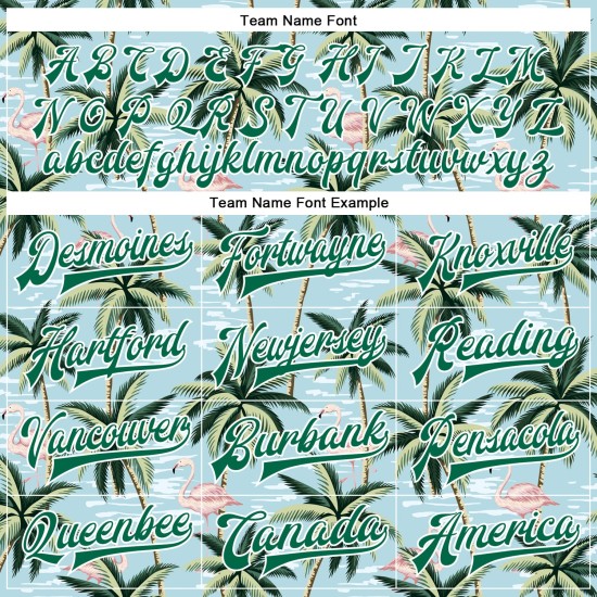 Custom Lakes Blue Kelly Green-White Flamingo And Tropical Hawaii Palm Tree 3D Bomber Full-Snap Varsity Letterman Jacket Custom Lakes Blue Kelly Green-White Flamingo And Tropical Hawaii Palm Tree 3D Bomber Full-Snap Varsity Letterman Jacket