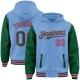 Custom Light Blue Kelly Green-Pink Bomber Full-Snap Varsity Letterman Two Tone Hoodie Jacket Custom Light Blue Kelly Green-Pink Bomber Full-Snap Varsity Letterman Two Tone Hoodie Jacket