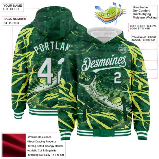 Custom Kelly Green White Largemouth Bass Fish Fishing 3D Bomber Full-Snap Varsity Letterman Hoodie Jacket Custom Kelly Green White Largemouth Bass Fish Fishing 3D Bomber Full-Snap Varsity Letterman Hoodie Jacket