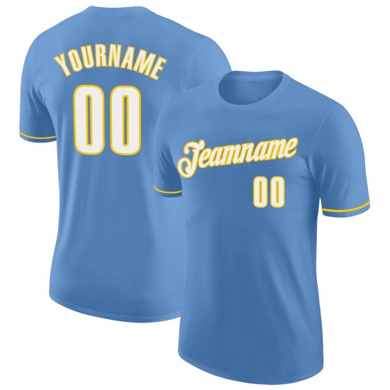 Custom Light Blue White-Gold Performance T-Shirt Custom Light Blue White-Gold Performance T-Shirt