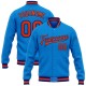 Custom Powder Blue Orange-Royal Bomber Full-Snap Varsity Letterman Jacket Custom Powder Blue Orange-Royal Bomber Full-Snap Varsity Letterman Jacket