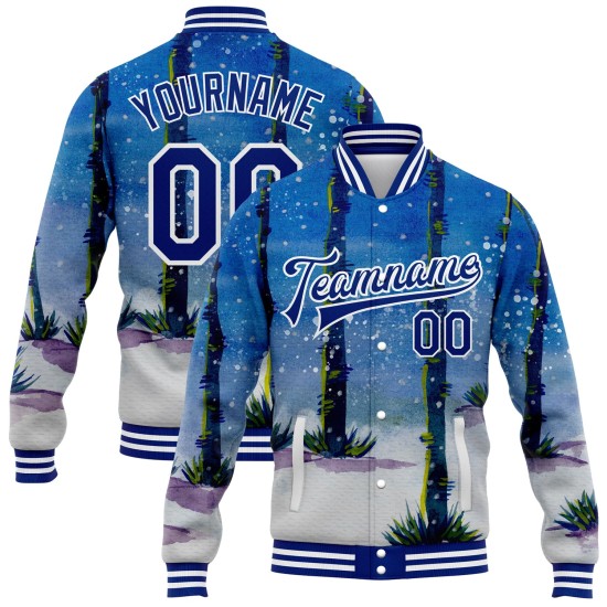 Custom Royal White Watercolor Forest With Trunks 3D Pattern Design Bomber Full-Snap Varsity Letterman Jacket Custom Royal White Watercolor Forest With Trunks 3D Pattern Design Bomber Full-Snap Varsity Letterman Jacket