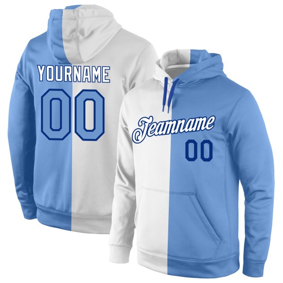 Custom Stitched White Light Blue-Royal Split Fashion Sports Pullover Sweatshirt Hoodie Custom Stitched White Light Blue-Royal Split Fashion Sports Pullover Sweatshirt Hoodie