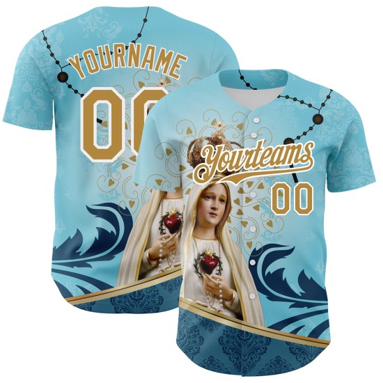 Custom Teal Old Gold-White 3D Pattern Design Religion Virgin Mary Authentic rugby Jersey Custom Teal Old Gold-White 3D Pattern Design Religion Virgin Mary Authentic rugby Jersey
