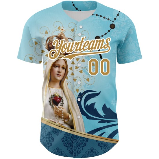 Custom Teal Old Gold-White 3D Pattern Design Religion Virgin Mary Authentic rugby Jersey Custom Teal Old Gold-White 3D Pattern Design Religion Virgin Mary Authentic rugby Jersey