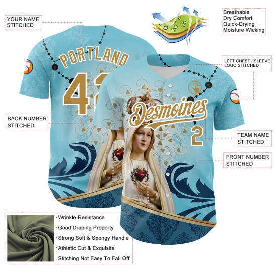 Custom Teal Old Gold-White 3D Pattern Design Religion Virgin Mary Authentic rugby Jersey Custom Teal Old Gold-White 3D Pattern Design Religion Virgin Mary Authentic rugby Jersey
