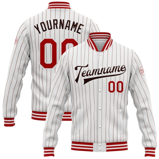 Custom White Brown Pinstripe Red Bomber Full-Snap Varsity Letterman Jacket Custom White Brown Pinstripe Red Bomber Full-Snap Varsity Letterman Jacket