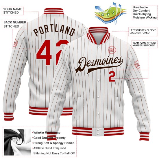 Custom White Brown Pinstripe Red Bomber Full-Snap Varsity Letterman Jacket Custom White Brown Pinstripe Red Bomber Full-Snap Varsity Letterman Jacket