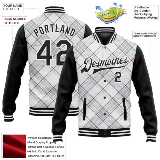 Custom White Black Check Board 3D Pattern Design Bomber Full-Snap Varsity Letterman Jacket Custom White Black Check Board 3D Pattern Design Bomber Full-Snap Varsity Letterman Jacket