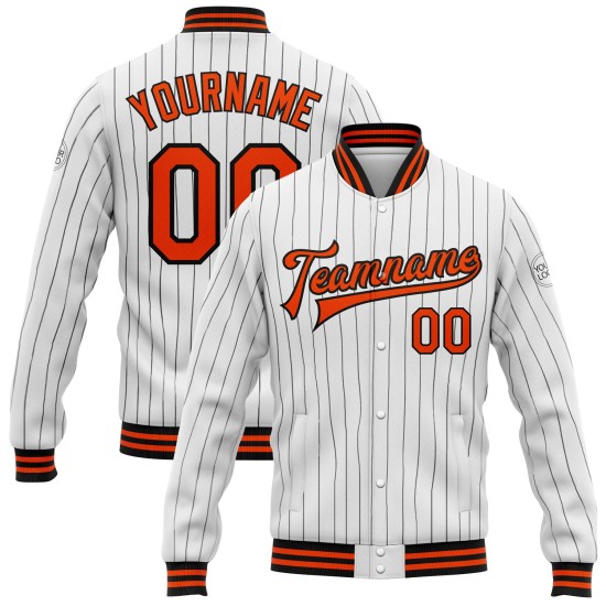 Custom White Black Pinstripe Orange Bomber Full-Snap Varsity Letterman Jacket Custom White Black Pinstripe Orange Bomber Full-Snap Varsity Letterman Jacket
