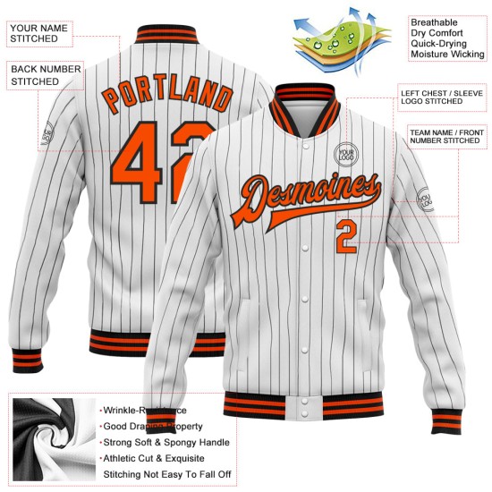 Custom White Black Pinstripe Orange Bomber Full-Snap Varsity Letterman Jacket Custom White Black Pinstripe Orange Bomber Full-Snap Varsity Letterman Jacket
