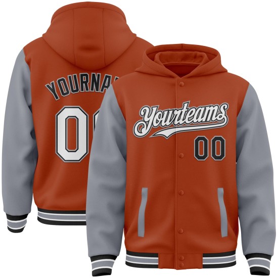 Custom Texas Orange Black-Cream Bomber Full-Snap Varsity Letterman Two Tone Hoodie Jacket Custom Texas Orange Black-Cream Bomber Full-Snap Varsity Letterman Two Tone Hoodie Jacket