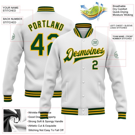 Custom White Green-Gold Bomber Full-Snap Varsity Letterman Jacket Custom White Green-Gold Bomber Full-Snap Varsity Letterman Jacket