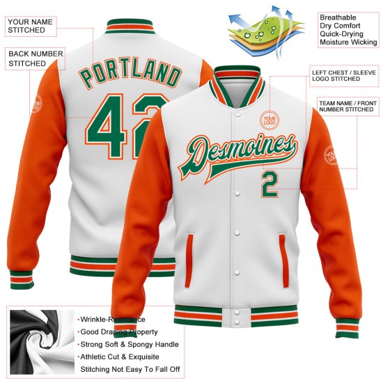 Custom White Kelly Green-Orange Bomber Full-Snap Varsity Letterman Two Tone Jacket Custom White Kelly Green-Orange Bomber Full-Snap Varsity Letterman Two Tone Jacket