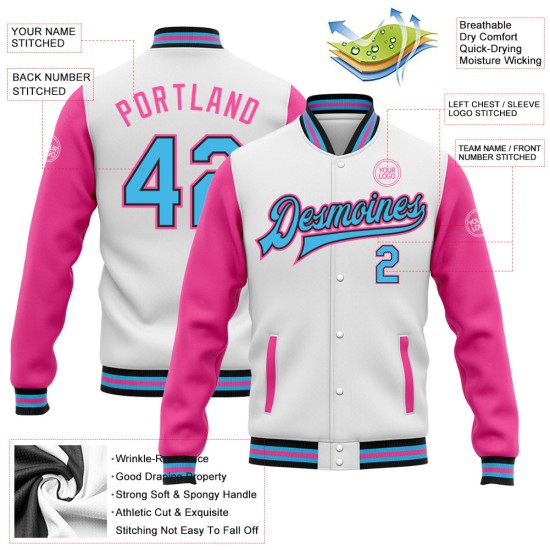 Custom White Sky Blue Black-Pink Bomber Full-Snap Varsity Letterman Two Tone Jacket Custom White Sky Blue Black-Pink Bomber Full-Snap Varsity Letterman Two Tone Jacket