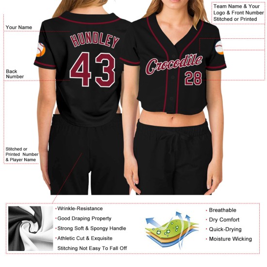 Custom Women’s Black Crimson-White V-Neck Cropped rugby Jersey Custom Women’s Black Crimson-White V-Neck Cropped rugby Jersey