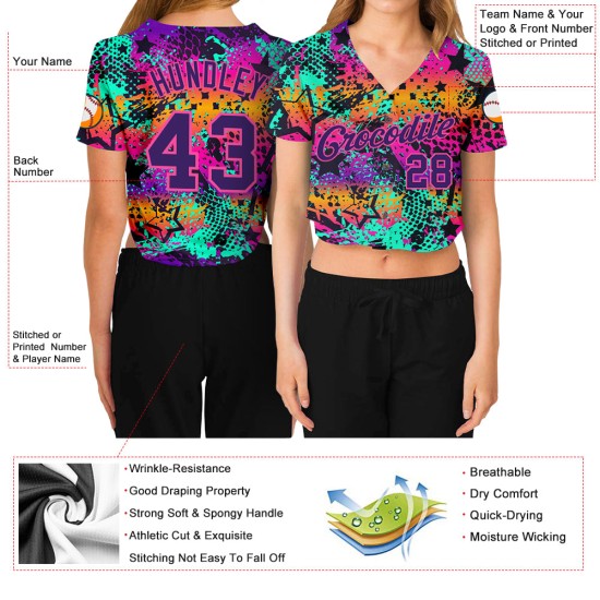 Custom Women’s Graffiti Pattern Purple-Pink Bright Neon Colors 3D V-Neck Cropped rugby Jersey Custom Women’s Graffiti Pattern Purple-Pink Bright Neon Colors 3D V-Neck Cropped rugby Jersey